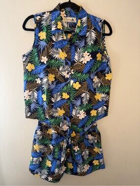 Seaspice Tropical Palm Print 2 Piece Shorts Set Blue Floral Tie Front Medium NWT